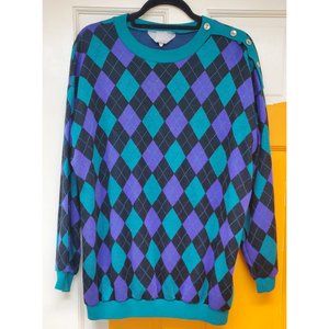 Diagonal Plaid Vintage 80s Jewel Tone Crewneck Intarsia Sweater